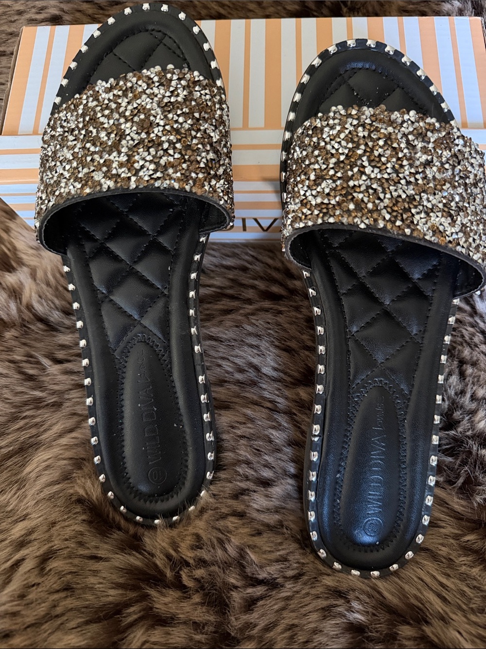 DIVA Lounge Black Quilted Slide Mules with Mixed Metallic Bead Strap